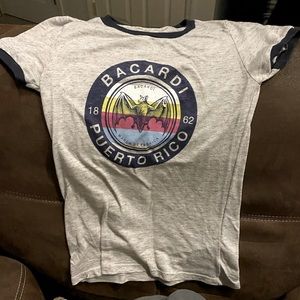 Bacardi T-shirt, medium gray with blue trim on sleeves and neck lightweight